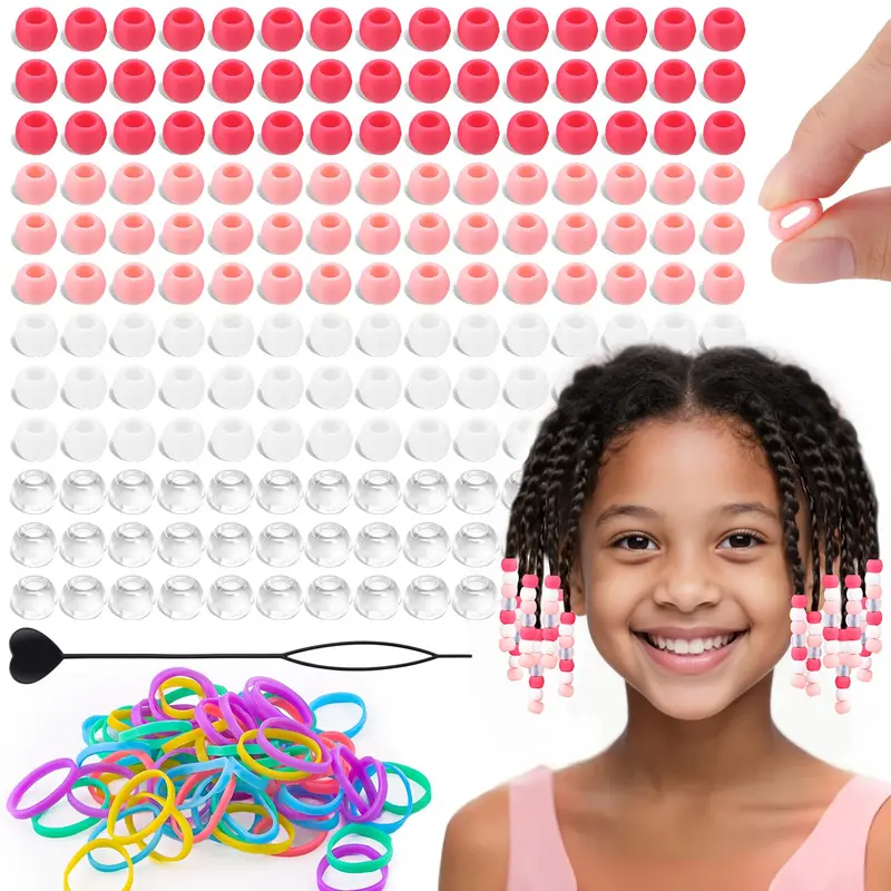 160 Billes en Silicone Cheveux 10mm – TINKRSTUFF Rose Clair, Ensemble Tressage avec 50 Élastiques et Aiguille