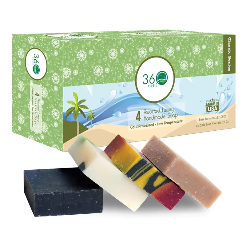 360Feel Coffret Savons Assortis – Savons Castile Faits Main, Naturels et Artisanaux – 4 Parfums (Terreux, Floral, Fruité & Doux), 5oz, Fabriqué aux États‑Unis