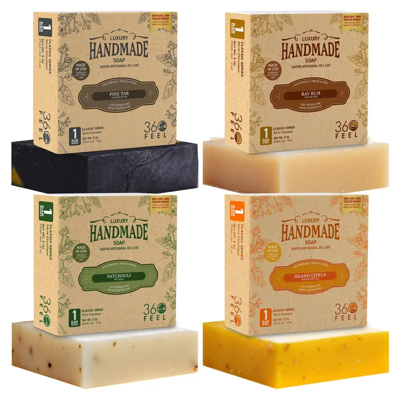 360Feel Savon Homme – Lot de 4 barres naturelles faites main (USA) – Bay Rum, Goudron de Pin, Patchouli, Agrumes des Îles (5 oz)
