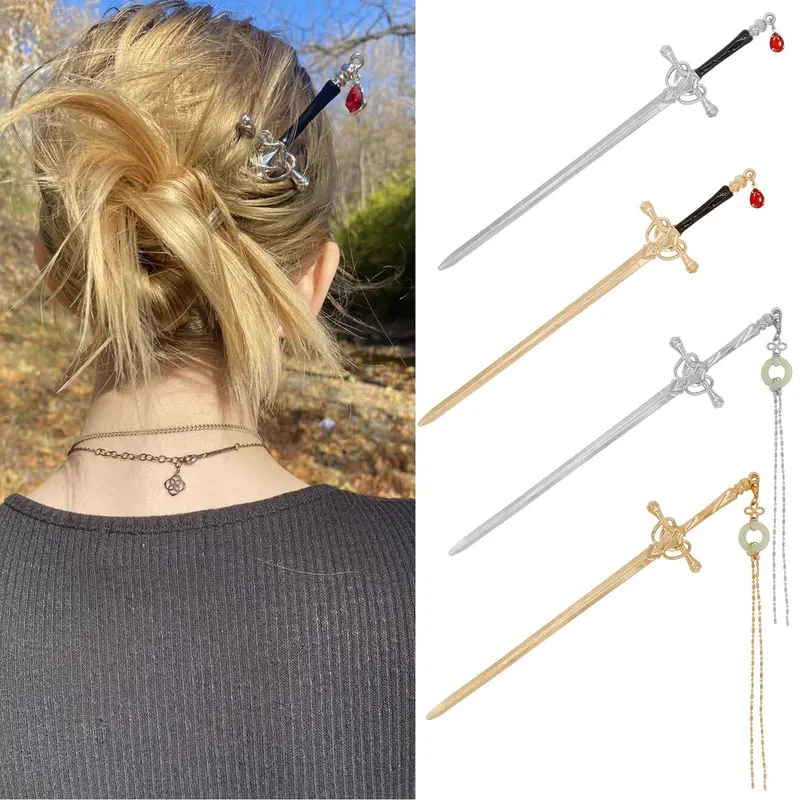 4 pièces Bâtons Épée pour Cheveux – Métal, Style Antique avec Pompons | WOVOWOVO