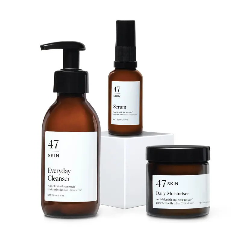 47 Skin Kit Soin Quotidien — Hydratant, Sérum Anti-Imperfections et Nettoyant | Silver Chitoderm