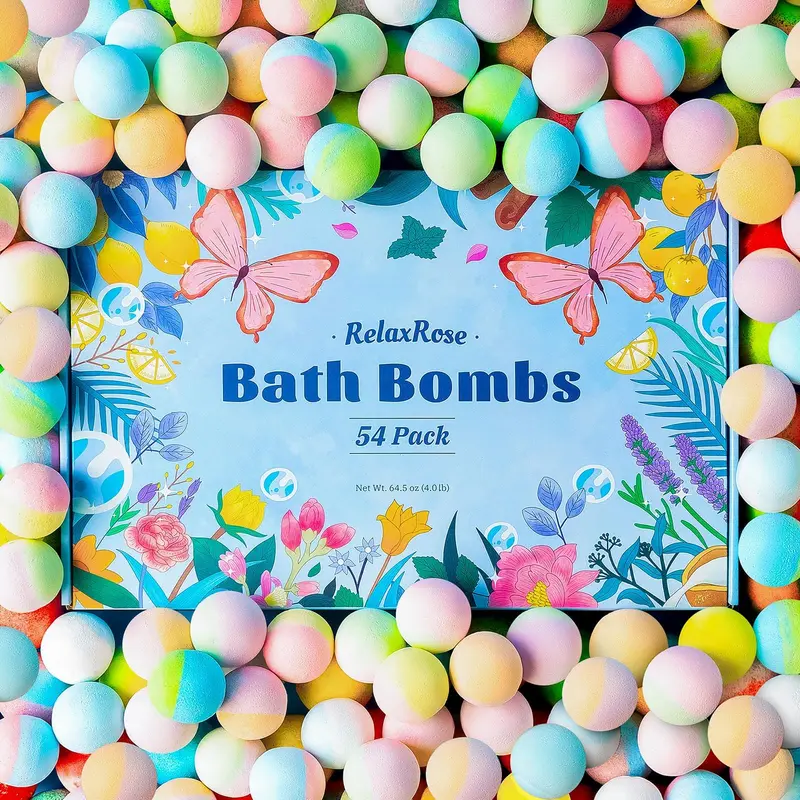 54 Bombes de Bain Fait Main – 11 Couleurs & 9 Senteurs, Dissolution en 7 Min | RelaxRose