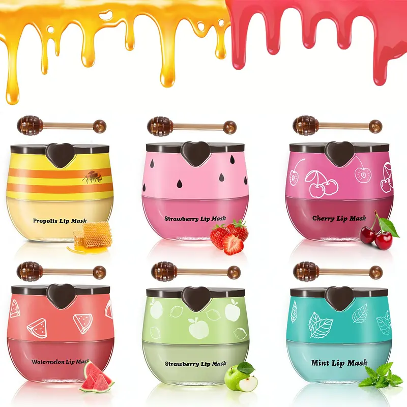 6 Baumes Lèvres Abeille en Pot – Miel, Fraise, Pastèque, Pomme, Cerise, Menthe | Propolis Anweina