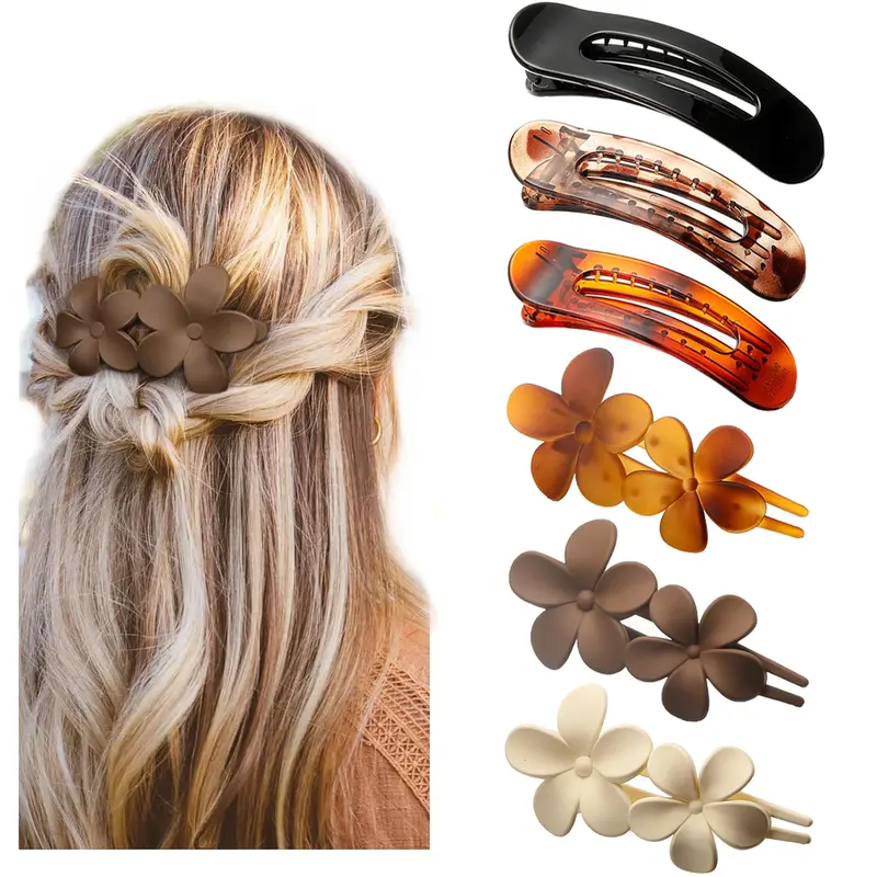 6 Pinces Plates Anti-Glisse – Clips plats 2 Styles (Motif Tortue) pour Tous Types de Cheveux