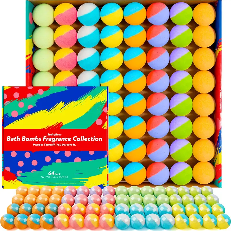 64 Bombes de Bain Naturelles SudsyRoar — 8 Parfums Bio, Bulles Durables, Cadeaux Relaxants