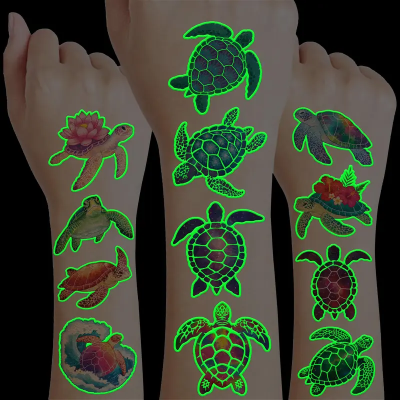 91TATTOOS — 96 tatouages temporaires pré-découpés Tortue lumineux dans l'obscurité pour enfants