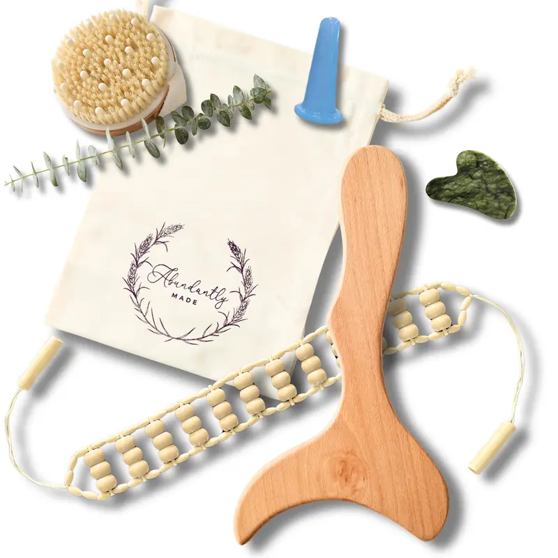 Abundantly Made Co. Kit Drainage lymphatique 6 pièces — outils bois et jade