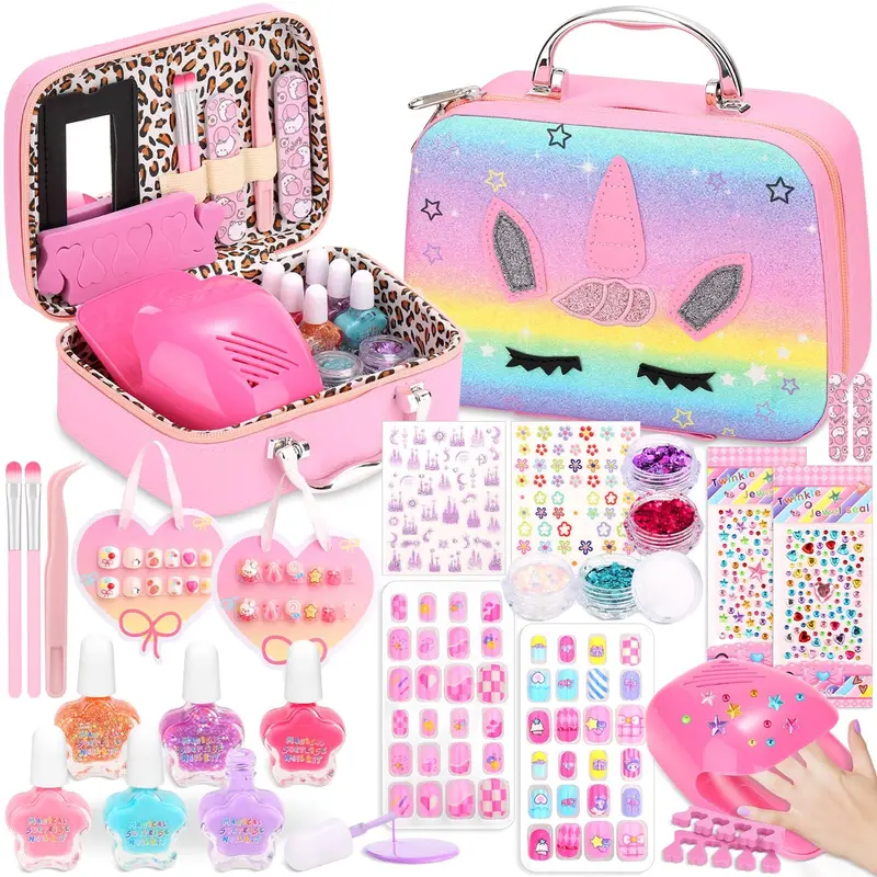 Acejoz Ensemble Ongles Enfants – 72 Ongles, Vernis Eau Non Toxique, Étui Licorne, Sèche-Ongles