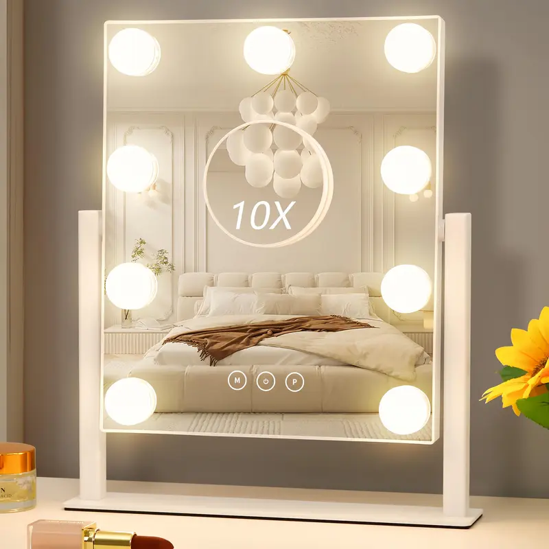 Acoolda Miroir Vanity avec Lumières — 9 DEL, 3 Modes, Loupe 10x Amovible et Rotation 360°