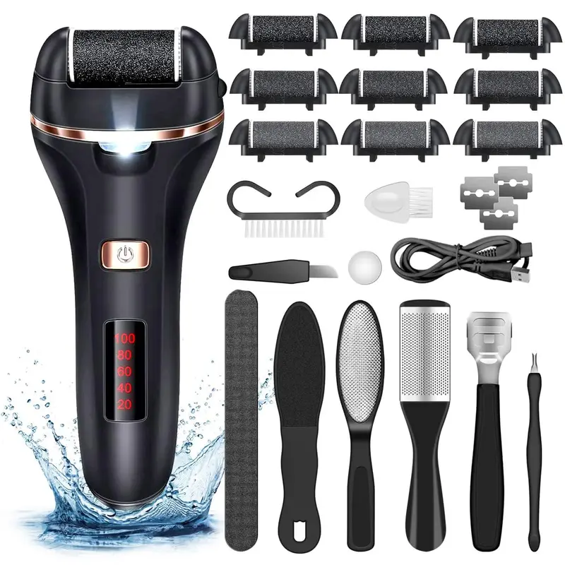AdamPark – Appareil Électrique pour Callosités des Pieds, Kit Pedicure 14 en 1, Étanche, 9 Têtes et 2 Vitesses – P8 Noir