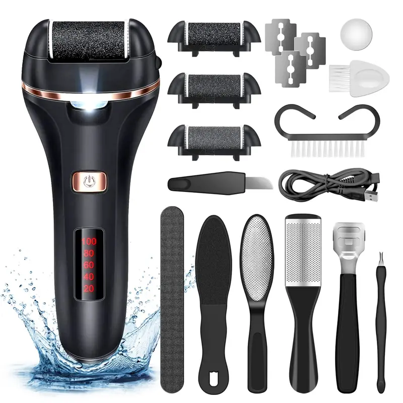 AdamPark Éliminateur Électrique de Callosités – Kit Pédicure 14 en 1 Étanche et Rechargeable (Noir J8)
