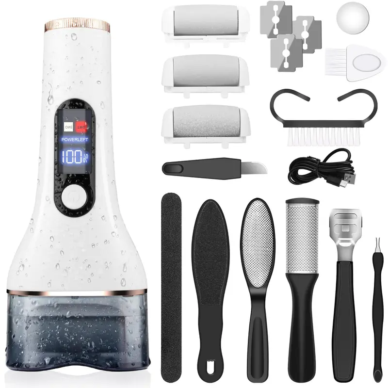AdamPark File-Pieds Electrique – Kit Pedicure Rechargeable, 3 Tetes Rouleaux, 2 Vitesses, Affichage Batterie, Etanche