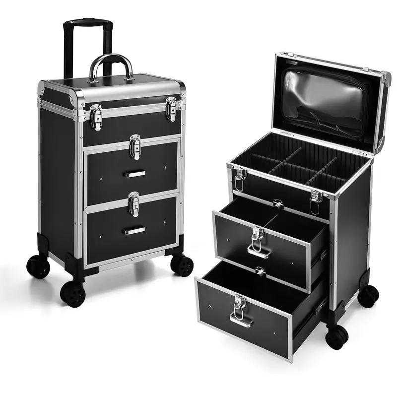 Adazzo Coffret Maquillage Train Pro avec Roues — Tiroirs Matte Noir