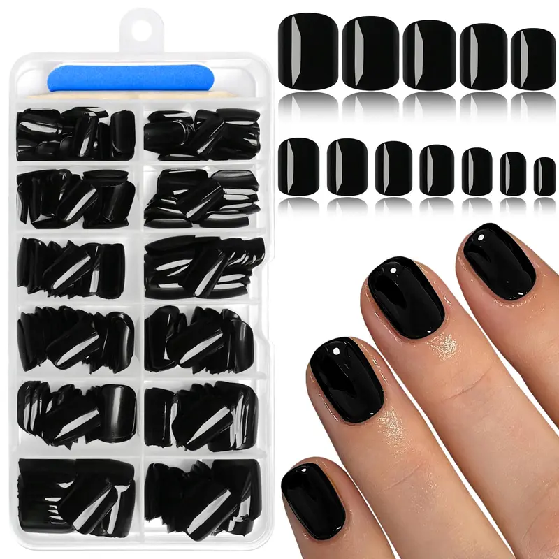 AddFavor – Ongles adhésifs noirs courts carrés, kit 240 pièces, 12-tailles