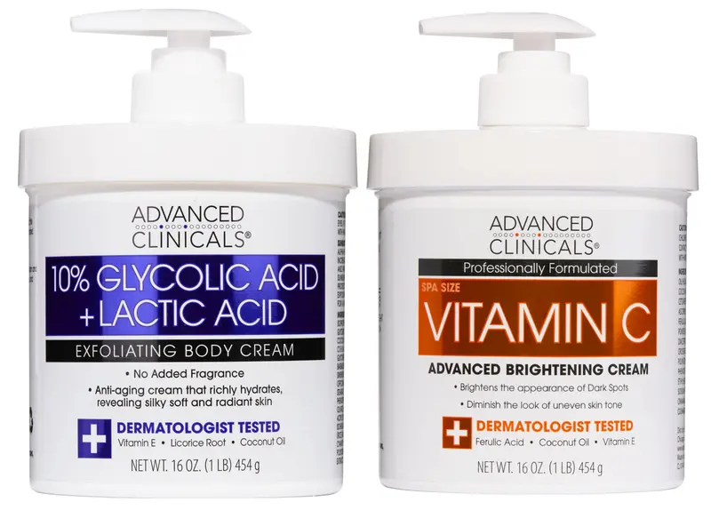 Advanced Clinicals Crème Corps Vitamin C Éclaircissante + Lotion AHA 10% Glycolique et Lactique – Ensemble Soin Corps 2 Pièces