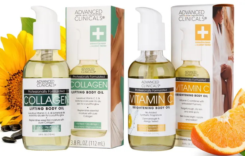 Advanced Clinicals Huile Collagene Corps + Vitamine C – Duo Soin Hydratant, Éclat et Fermeté