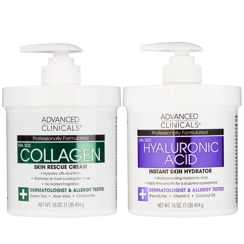 Advanced Clinicals – Hydratant Hyaluronique + Crème Collagène Sans Parfum – Set 2 pièces pour peau sèche et peau d’apparence plus lisse