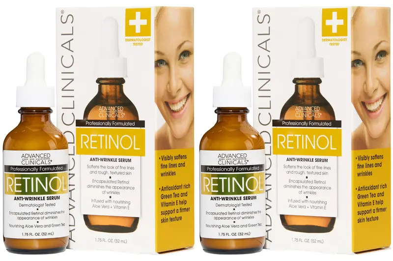 Advanced Clinicals Sérum Rétinol Visage | Anti‑âge hydratant avec vitamine E et thé vert — Lot de 2
