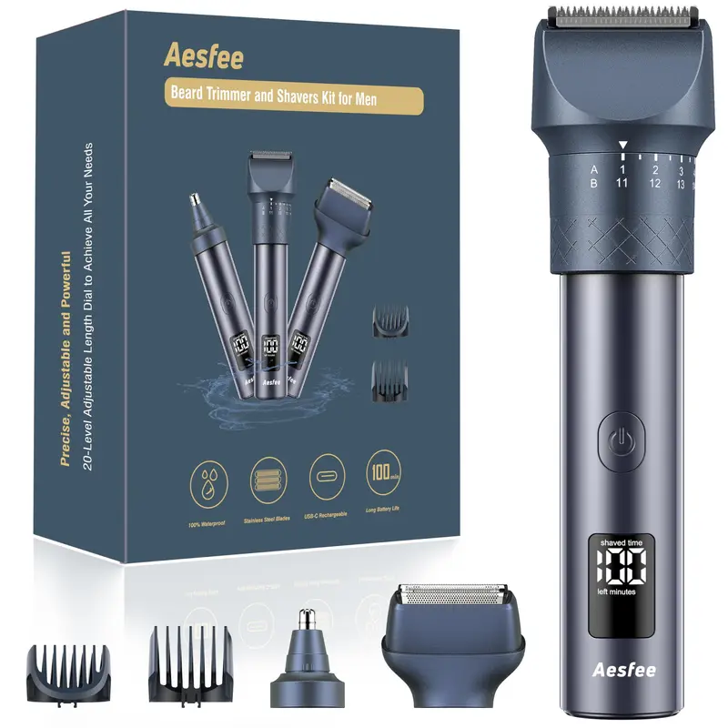 Aesfee — Kit Tondeuse Barbe et Rasoir 3-en-1 pour Hommes | Rasoir à feuilles, Tondeuse et Taille-nez, IPX7, USB-C, 20 Réglages