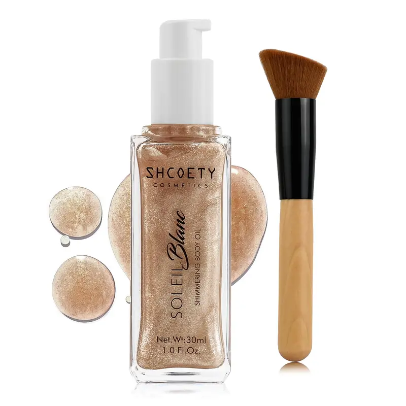Afmicat - Huile Brillance Corps à la Vitamine E, éclat rose doré, pinceau inclus, format voyage