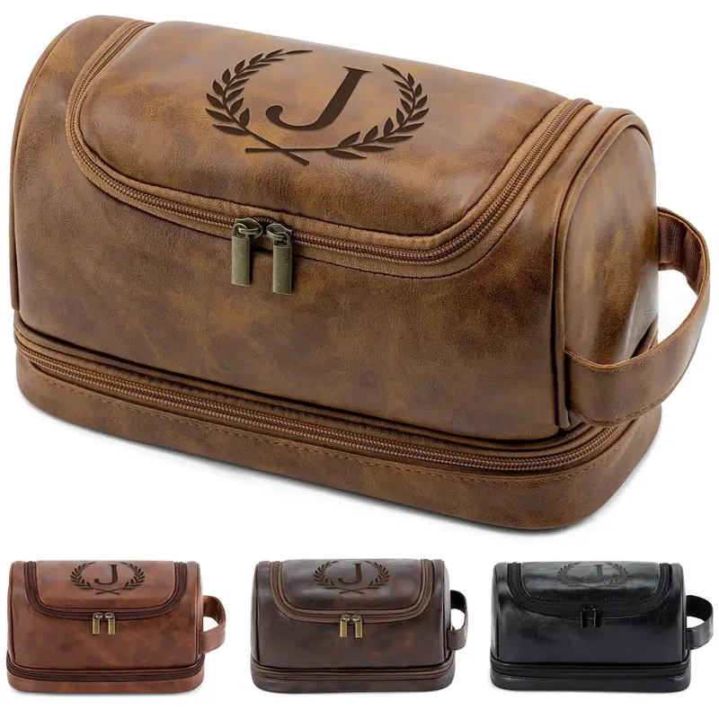 Aganmi Trousse de toilette personnalisée – Initiales gravées, cuir PU étanche, cadeau homme