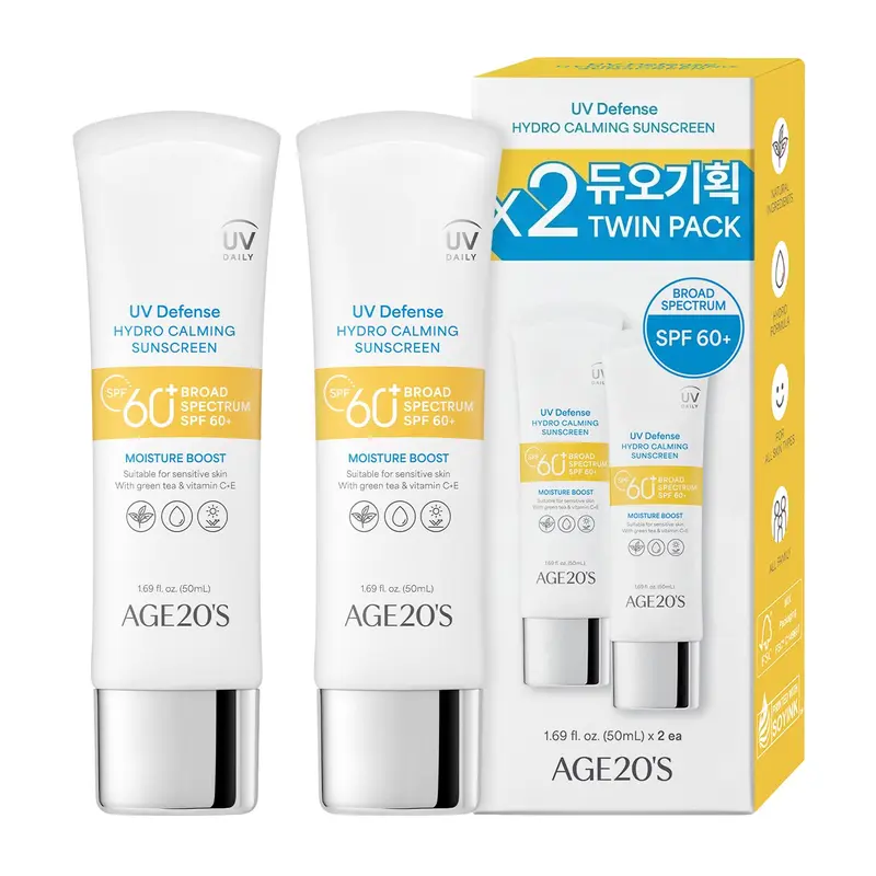 AGE 20's Protection UV Hydro Calmant Solaire SPF 60+ — Écran solaire coréen hydratant sans effet blanc, fini léger | Thé vert + Aloe Vera | Dermatest Excellent | 1,69 fl.oz x 2