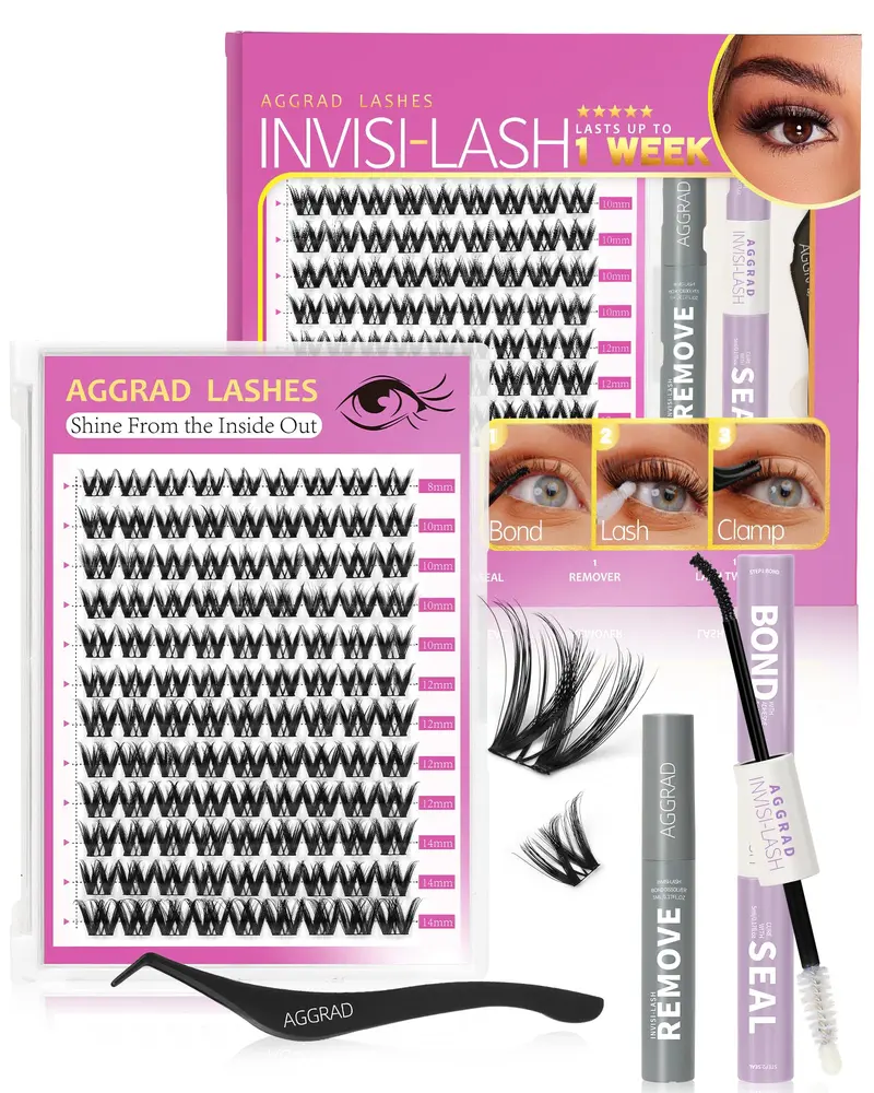 AGGRAD Flora Lash Clusters Kit 8-14 mm – Boucles D, cils en grappes à effet plume, kit extensions à faire soi‑même, regard œil de chat, bande noire ultra-fine