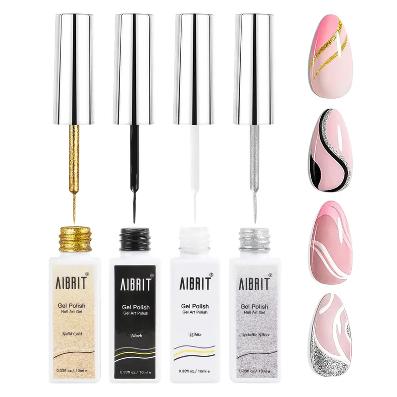 AIBRIT Gel Liner Art Polish Set – 4 Couleurs Noir/Blanc/Or/Argent avec Pinceau Fin | Nail Art DIY