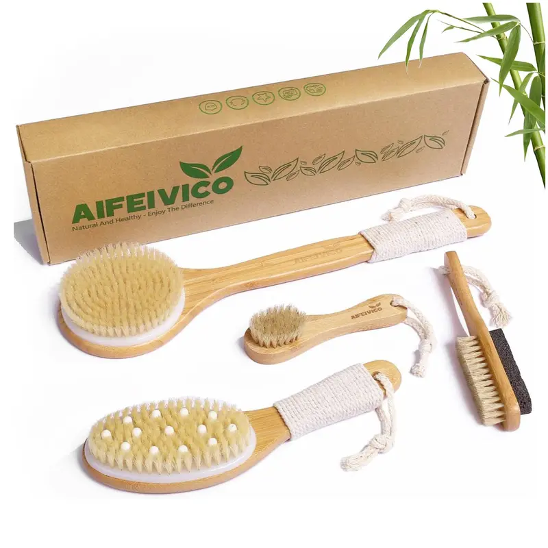 AIFEIVICO – Brosse Sèche Corps en Bambou, Poils Naturels, Manche Long