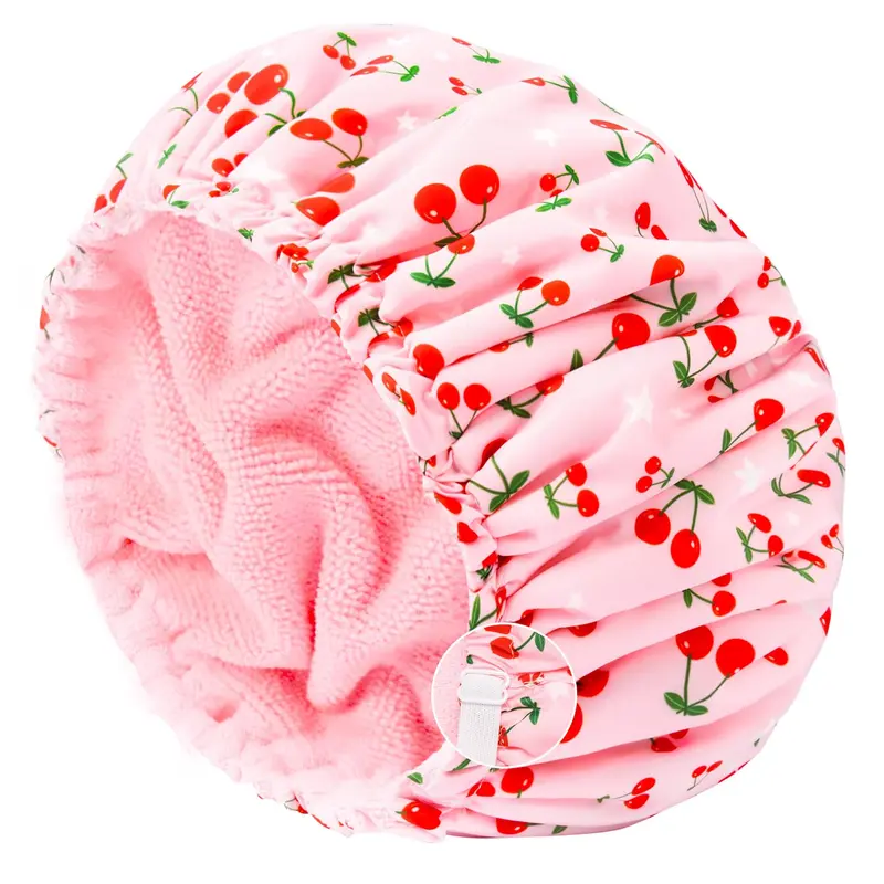 Aileam Chapeau de Douche Femme – Grand Capacité, Design Cerises Rose, Étanche et Réutilisable