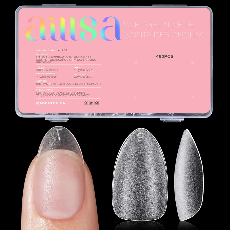 AILLSA Tips Amande Courtes – 450 pièces | Gel Acrylique Double-Face Matte Sans Couche de Base | Ongles Press-On 15 Tailles