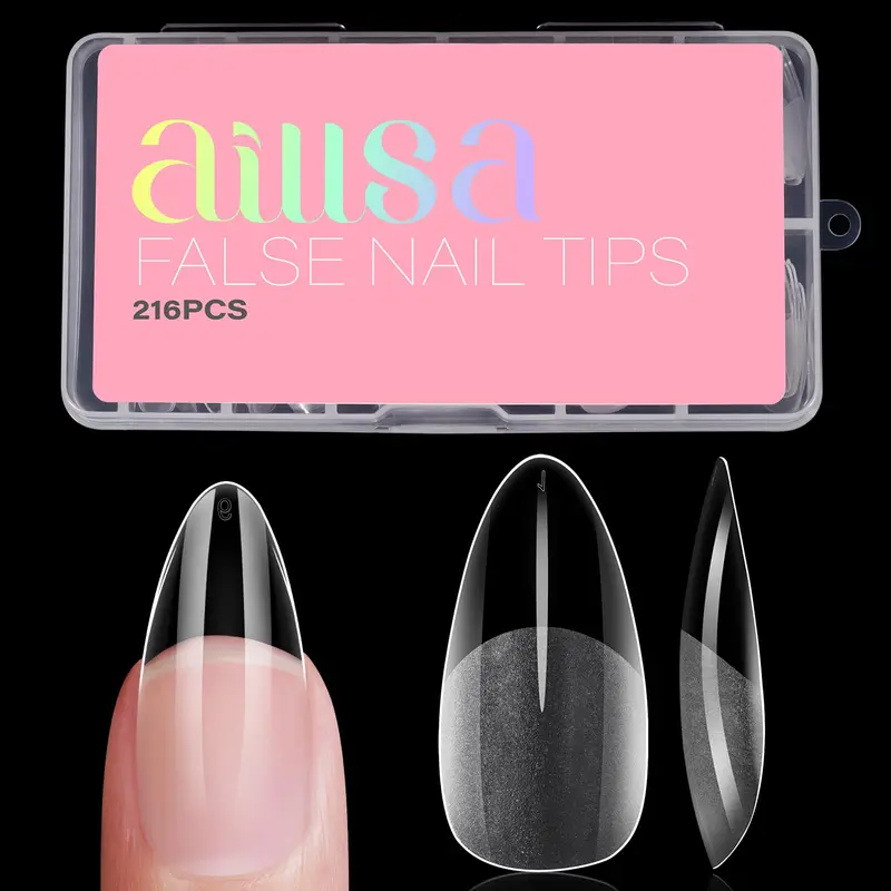 AILLSA Tips d’Ongles Amandes Medium – Gel translucide, 216 pièces, 12 tailles, faux ongles à coller, clair, manucure à domicile