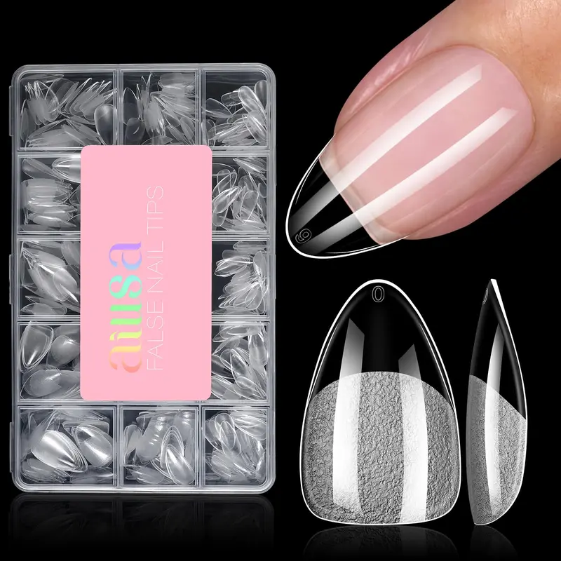 AILLSA Tips Ongles Amande – 15 Tailles, 450 pièces, Demi-Matte, Faux Ongles transparents à poser avec Boîte
