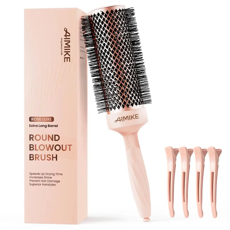 AIMIKE Brosse ronde Rose Luxe – Barillet 2,1 pouces, Technologie ionique et céramique nano thermique, 4 pinces