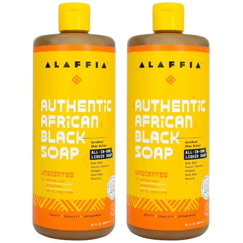 Alaffia Savon Noir Africain Authentique — Sans parfum, 2 paquets, Nettoyant Hydratant Tout-en-Un (32 oz chacun)