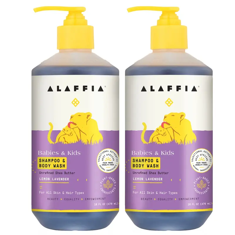 Alaffia Shampoing et Gel Douche Bébé et Enfant – Citron Lavande, Sans Sulfates, 2x473 ml, Commerce Équitable