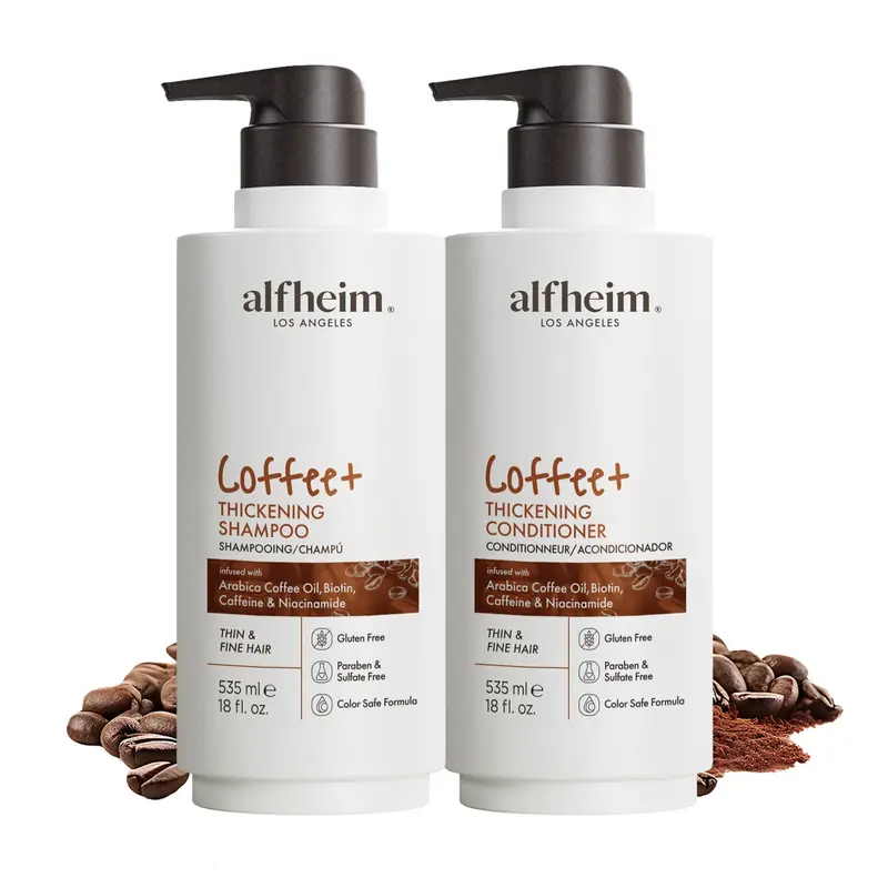 ALFHEIM Coffee+ Shampoing & Après-Shampoing – Épaississants pour Cheveux Fins – Caféine, Biotine & Arabica – Sans Sulfates – 18 oz x 2