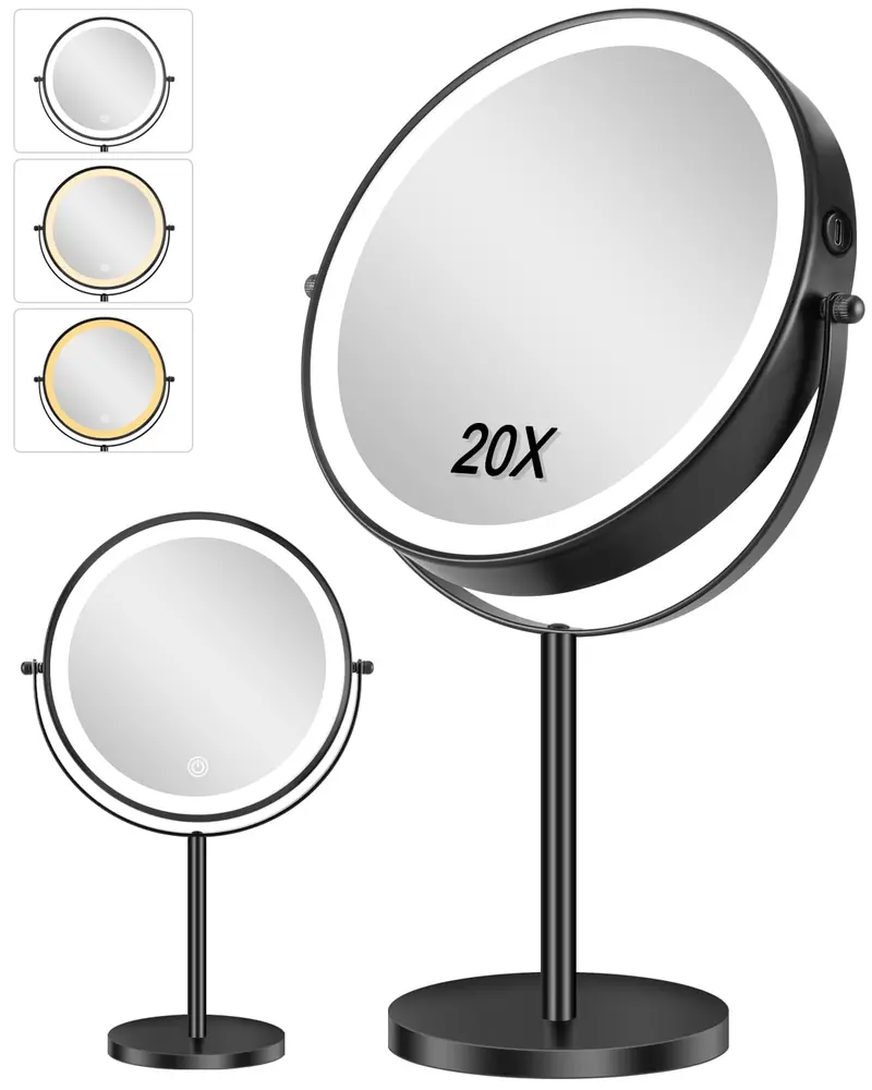 ALHAKIN Miroir Maquillage Lumineux 1x/20x – 3 Couleurs et Rechargeable