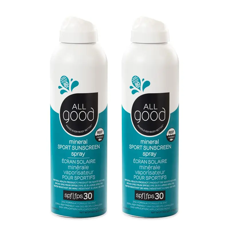 All Good Sport Spray Écran Solaire SPF30 – UVA/UVB, Résistant à l'eau, Respectueux des récifs – Zinc, Calendula et Aloe (6 oz) Lot de 2
