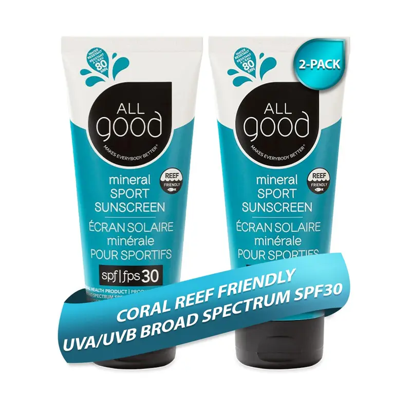 All Good Sunscreen - Lotion minérale sport SPF 30+ pour visage et corps, résistante à l'eau et à la transpiration - lot de 2 flacons de 88 ml