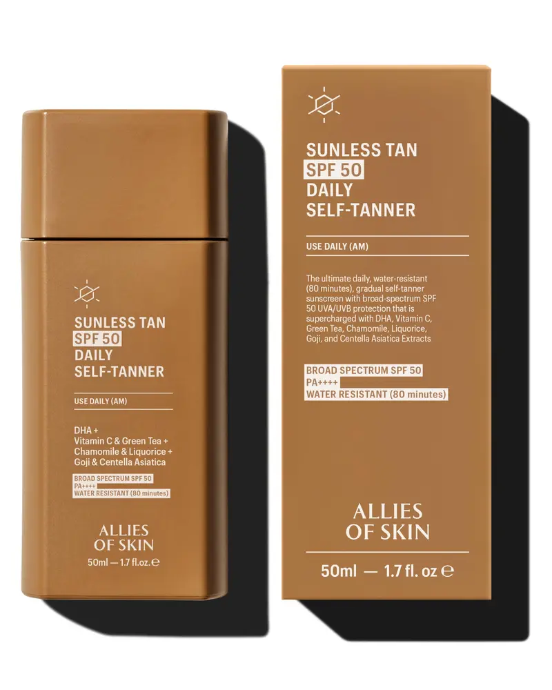 Allies of Skin Auto-bronzant Quotidien FPS 50 pour le Visage | Teint naturel progressif, protection et vitamine C | Gel léger sans traces (50 ml)