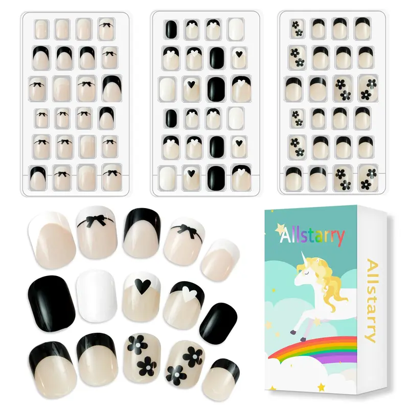 Allstarry – Ensemble de 72 pièces d'ongles adhésifs pour enfants, bout français court et prêt à poser