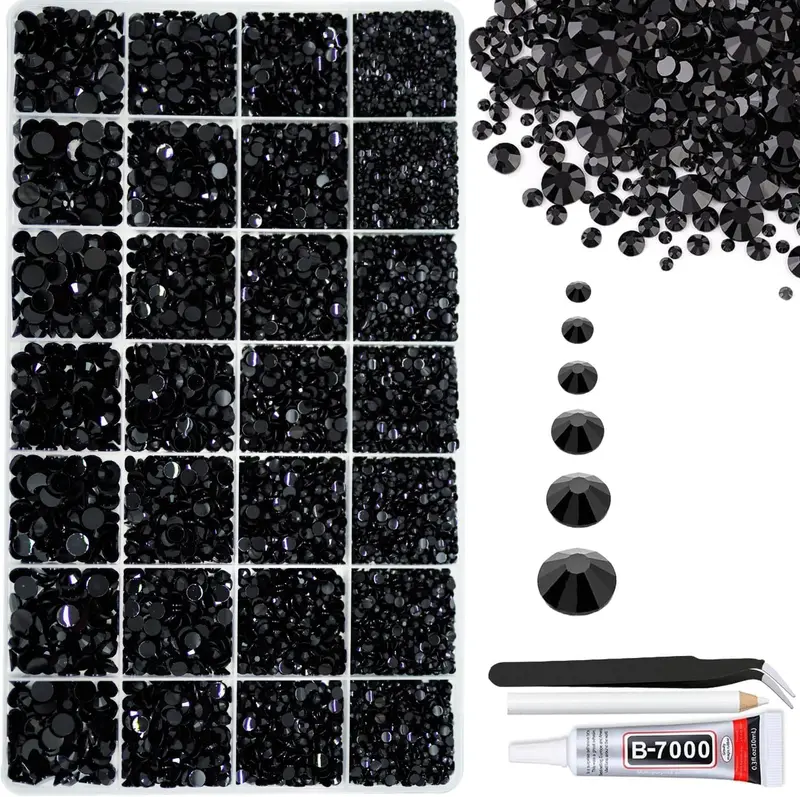 ALOCIAM Kit de strass noirs 22000 pièces 2–6 mm avec colle B7000