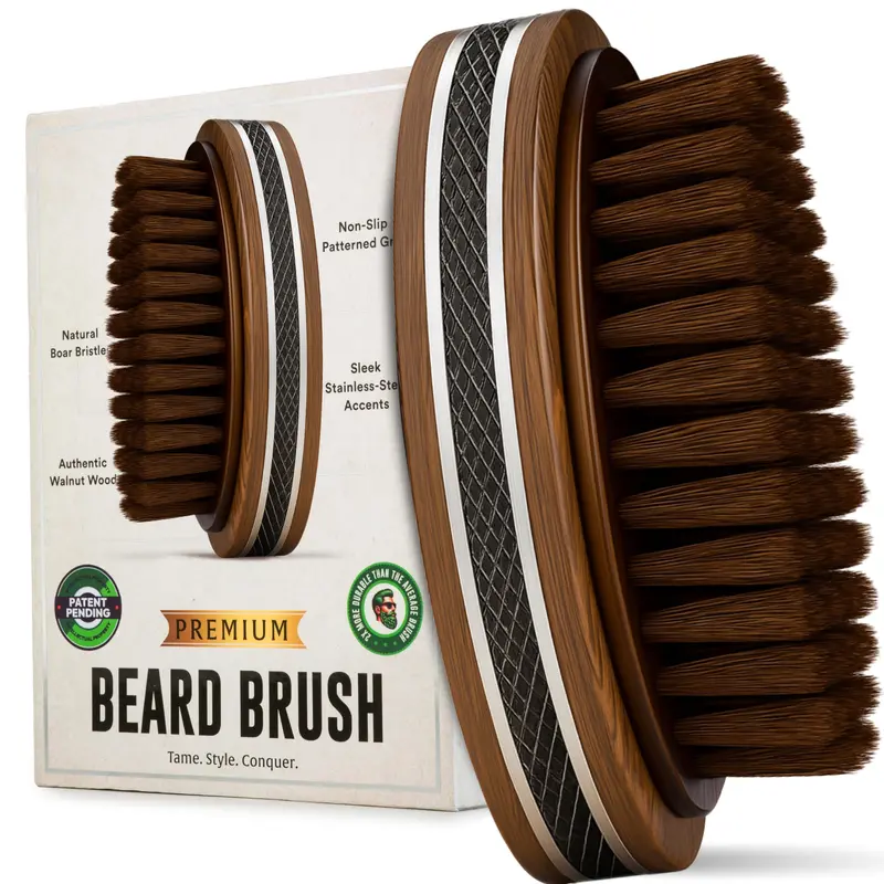 Alpha Organics – Brosse à barbe en poils de sanglier 4,5 pouces, bois de noyer & poignée antidérapante