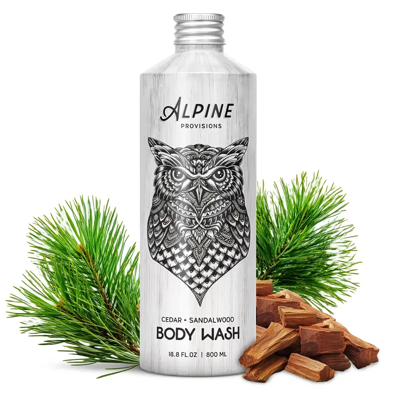 Alpine Provisions Gel Douche Naturel & Bio – Cèdre & Santal, Hydratant, Vegan, Sans Sulfates – Bouteille Aluminium 500 ml