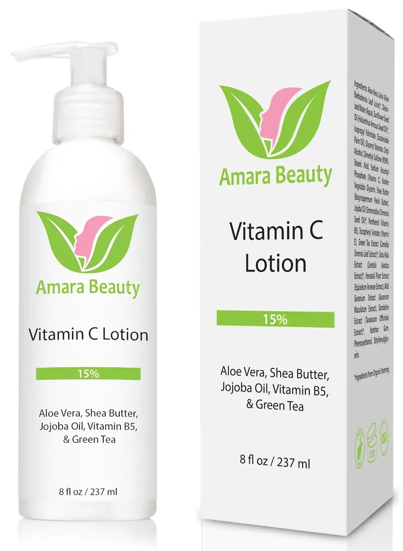 Amara Beauté Lotion Vitamine C 15% – Visage & Corps, Beurre de Karité & Jojoba, 8 oz