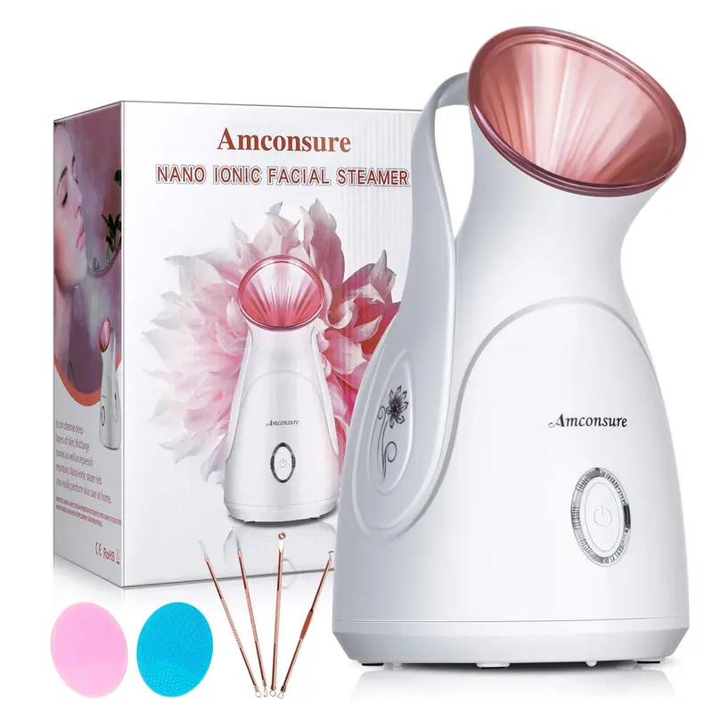 Amconsure Vapeur Visage Nano Ionic | Steamer 100 ml pour soin à domicile + kit peau et 2 éponges silicone