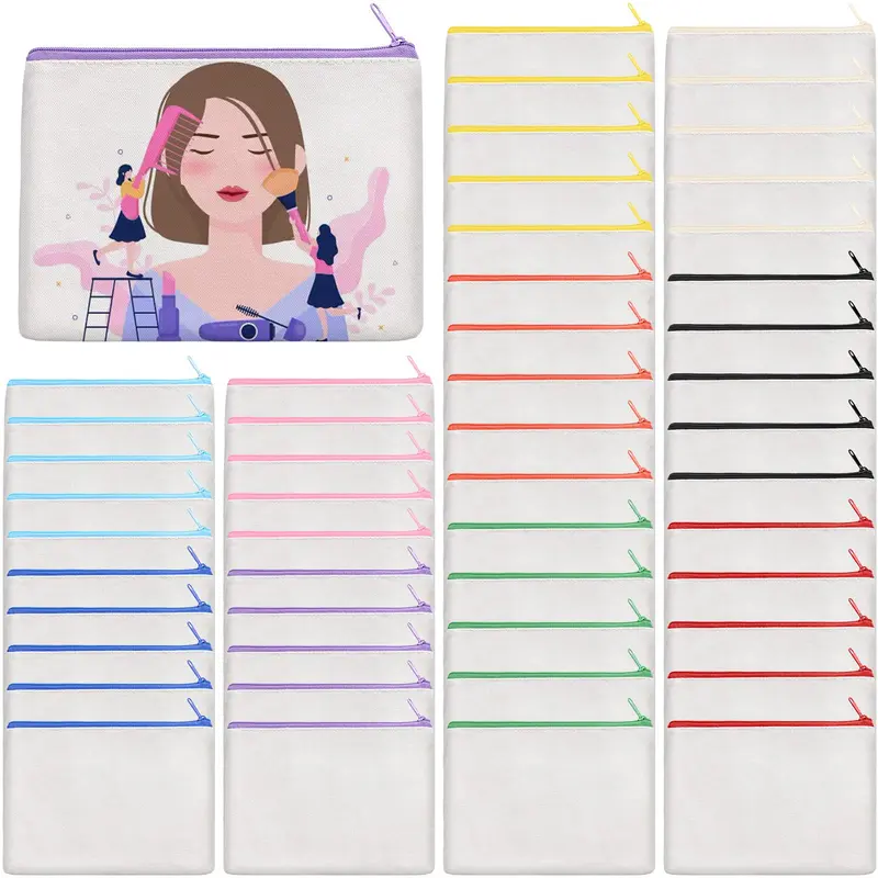 AMDAILY – 50 Sacs Maquillage en Toile avec Fermetures Éclair Colorées – Personnalisables par Sublimation