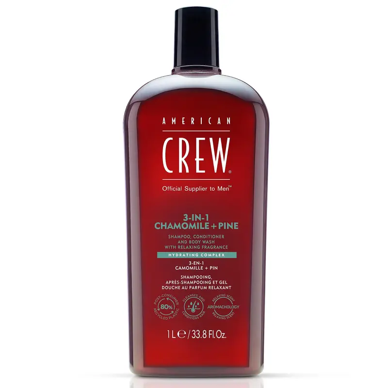 AMERICAN CREW 3-en-1 Camomille et Pin – Shampooing, Après-shampoing et Gel douche pour hommes, 1 L