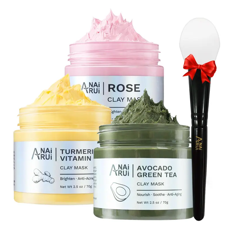ANAI RUI 3 Pack Masques Argile Curcuma Vitamine C, Rose et Avocat Thé Vert – Soin Visage